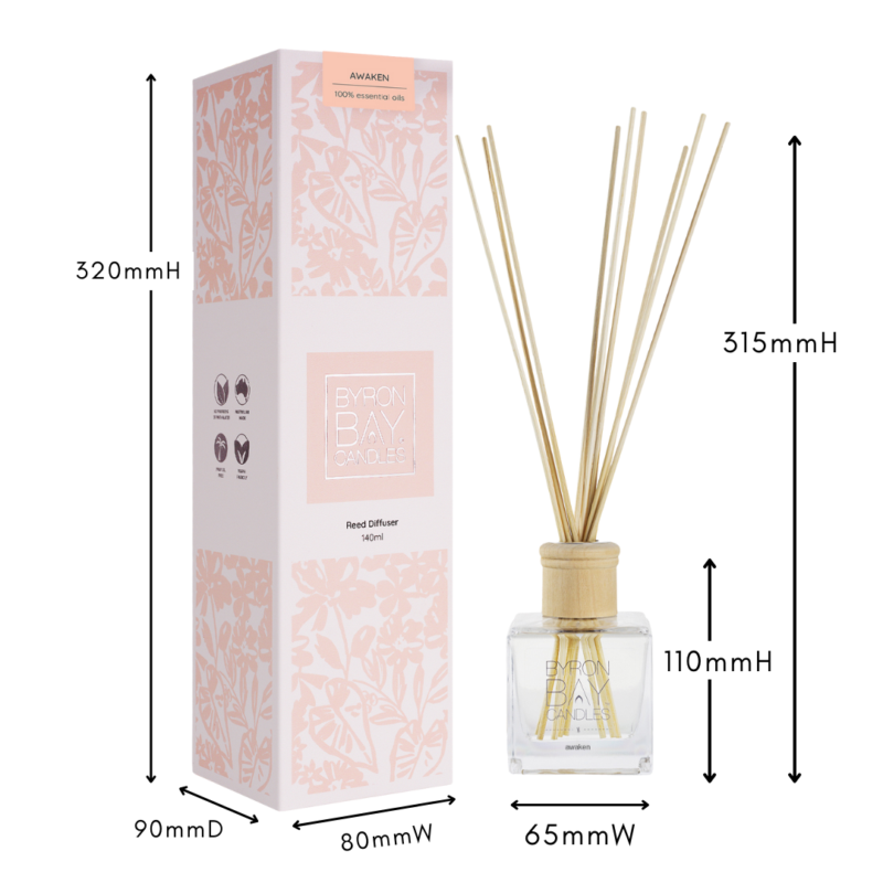 Awaken reed diffuser with measurements Reed Diffuser + Refills Bundle | 15% off applied at the check-out